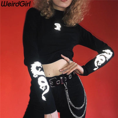 Weirdgirl Women dragon print T-shirts reflective fashion turtleneck Long Sleeve Slim Harajuku Female Tops New Arrivel 2019 Tees