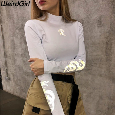 Weirdgirl Women dragon print T-shirts reflective fashion turtleneck Long Sleeve Slim Harajuku Female Tops New Arrivel 2019 Tees