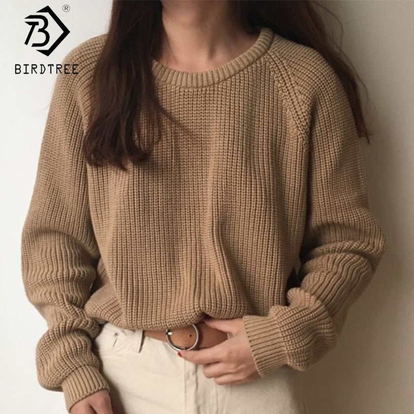 Korean Fashion Ladies Full Sleeve Women Knitting Sweater Solid O-Neck Pullover And Jumper Loose Sweater Hot Sale S80209Q