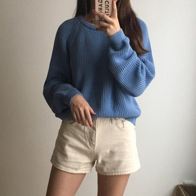 Korean Fashion Ladies Full Sleeve Women Knitting Sweater Solid O-Neck Pullover And Jumper Loose Sweater Hot Sale S80209Q