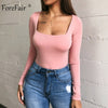 Forefair Sexy Bodycon Bodysuit Long Sleeve Square Neck Sheath Open Crotch Basic White Black Red Overalls Women Body Top