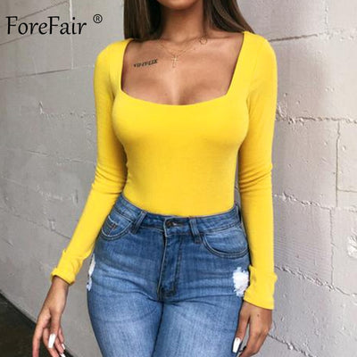 Forefair Sexy Bodycon Bodysuit Long Sleeve Square Neck Sheath Open Crotch Basic White Black Red Overalls Women Body Top