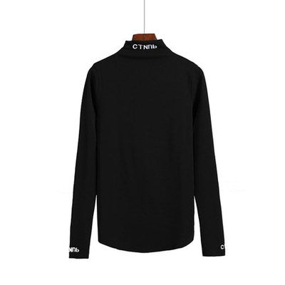 fashion Letter embroidery Turtleneck Basic T Shirt Women Long Sleeve Tee Shirt Harajuku Casual Solid Tees For Female Autumn Tops