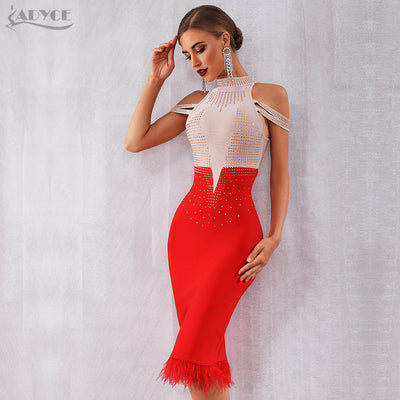 Adyce 2019 New Summer Bandage Dress Women Elegant Red Off Shoulder Sexy Feather Bodycon Club Beading Dress Celebrity Party Dress