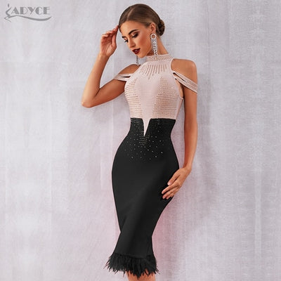 Adyce 2019 New Summer Bandage Dress Women Elegant Red Off Shoulder Sexy Feather Bodycon Club Beading Dress Celebrity Party Dress