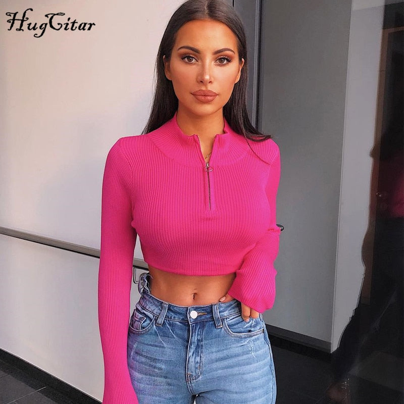 Hugcitar 2019 long sleeve zipper patchwork sexy crop tops autumn winter women neon bodycon T-shirts streetwear club party outfit