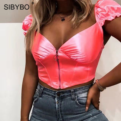 Sibybo Ruffles Zipper Slim Summer Crop Top Women Fashion V-Neck Backless Sexy Tank Top Solid Beachwear Casual Women Tops