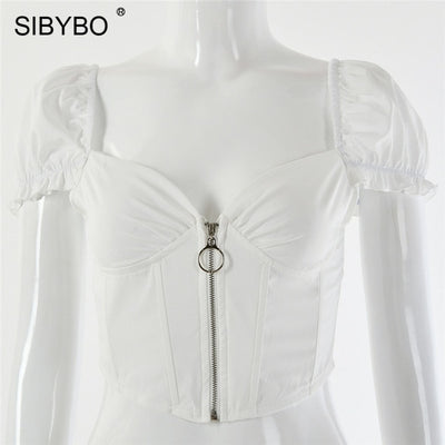 Sibybo Ruffles Zipper Slim Summer Crop Top Women Fashion V-Neck Backless Sexy Tank Top Solid Beachwear Casual Women Tops