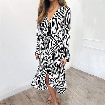 Long Dresses 2019 Women Zebra Print Beach Bohemian Maxi Dress Casual Long Sleeve V Neck Ruffles Elegant Party Dress Vestidos