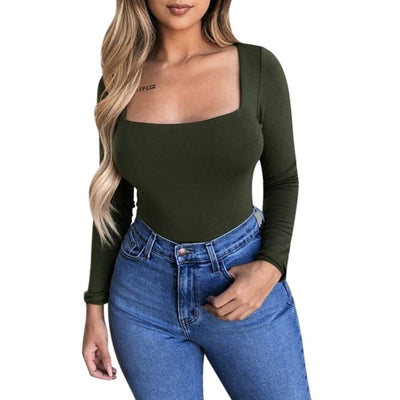 Women's T Shirt Long Sleeve Solid Square-Neck Tees Long Top T-shirt Woman Tshirt Top Tee Shirt Femme Camiseta Mujer Tshirt Women