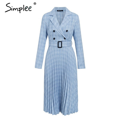 Simplee Vintage pleated belt plaid dress women Elegant office ladies blazer dresses Long sleeve female autumn midi party dress