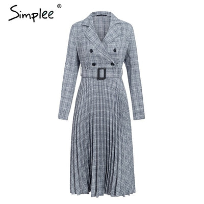 Simplee Vintage pleated belt plaid dress women Elegant office ladies blazer dresses Long sleeve female autumn midi party dress