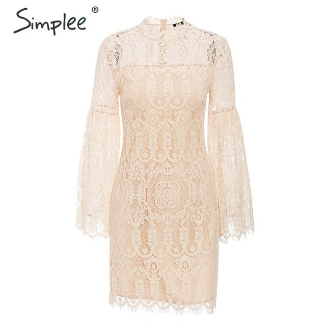 Simplee Sexy lace embroidery women dress Elegant flare sleeve female party dress Ruffled ladies autumn office dress vestidos