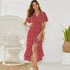 Summer Beach Maxi Dress Women Floral Print Boho Long Chiffon Dress Ruffles Wrap Casual V-Neck Split Sexy Party Dress Robe Femme