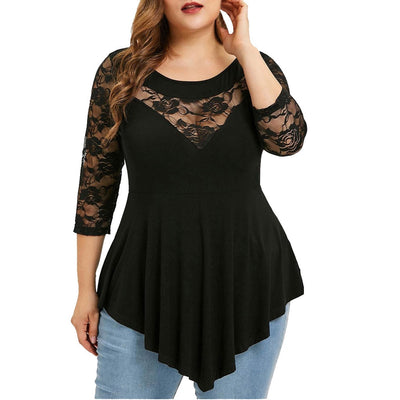 Plus Size 5XL t shirt women Solid Floral Lace O-Neck Asymmetric Three Quarter autumn Tops t-shirt work clothes tshirt