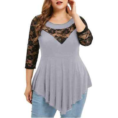 Plus Size 5XL t shirt women Solid Floral Lace O-Neck Asymmetric Three Quarter autumn Tops t-shirt work clothes tshirt