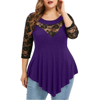 Plus Size 5XL t shirt women Solid Floral Lace O-Neck Asymmetric Three Quarter autumn Tops t-shirt work clothes tshirt