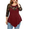 Plus Size 5XL t shirt women Solid Floral Lace O-Neck Asymmetric Three Quarter autumn Tops t-shirt work clothes tshirt