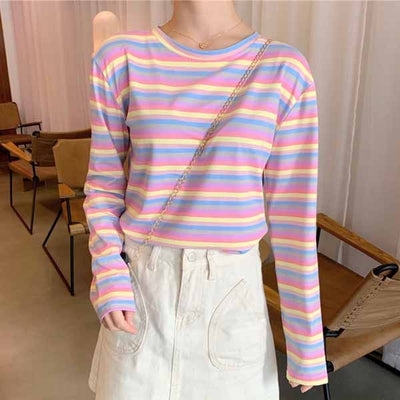 Harajuku Vintage t shirt Ulzzang Girlfriends kawaii rainbow stripe t-Shirts autumn Women Casual Loose long Sleeve pink Top Femme