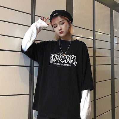 NiceMix Harajuku T-shirt Women Fake 2 Pieces Print Japanese Fujiang Horror Comics Long Sleeve Shirt Women Vetement Femme 2019