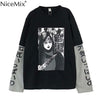 NiceMix Harajuku T-shirt Women Fake 2 Pieces Print Japanese Fujiang Horror Comics Long Sleeve Shirt Women Vetement Femme 2019