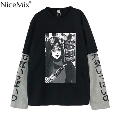 NiceMix Harajuku T-shirt Women Fake 2 Pieces Print Japanese Fujiang Horror Comics Long Sleeve Shirt Women Vetement Femme 2019