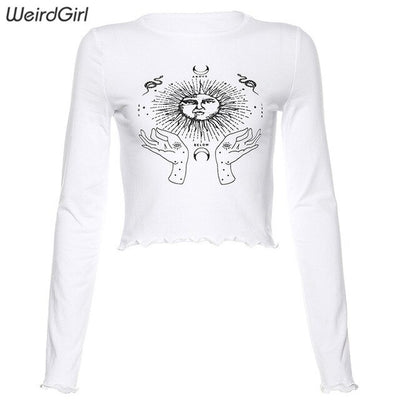 Weirdgirl New Full Sleeve T-Shirt O-Neck Sun moon Print T-Shirt Women Fashion Pullover Cotton Casual Crop Top autumn new