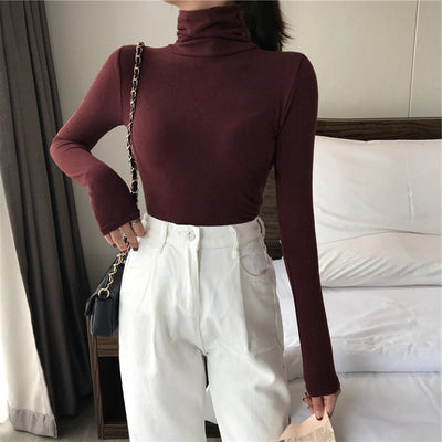 fashion Letter embroidery Turtleneck Basic T Shirt Women Long Sleeve Tee Shirt Harajuku Casual Solid Tees For Female Autumn Tops