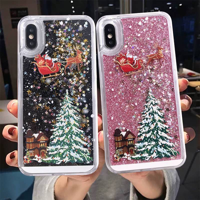 Cartoon Santa Claus Elk Phone Case For iPhone 11Pro Max XS Max Christmas Quicksand Giltter Cover For iPhone 11 XR 8 7 6 6S Plus