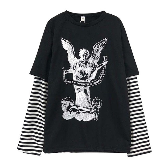 NiceMix Harajuku T-shirt Women Fake 2 Pieces Print Japanese Fujiang Horror Comics Long Sleeve Shirt Women Vetement Femme 2019