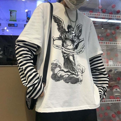 NiceMix Harajuku T-shirt Women Fake 2 Pieces Print Japanese Fujiang Horror Comics Long Sleeve Shirt Women Vetement Femme 2019