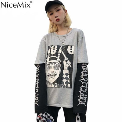 NiceMix Harajuku T-shirt Women Fake 2 Pieces Print Japanese Fujiang Horror Comics Long Sleeve Shirt Women Vetement Femme 2019