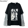 NiceMix Harajuku T-shirt Women Fake 2 Pieces Print Japanese Fujiang Horror Comics Long Sleeve Shirt Women Vetement Femme 2019