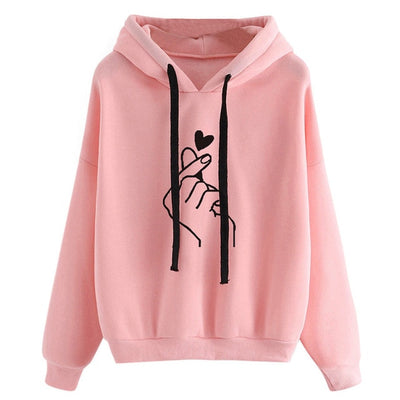 Fashion Women Hoodie Sweatshirts Heart Finger Pattern Drawstring Long Sleeve Ribbed Cuffs Casual Thin Pullover Lady Hooded Tops