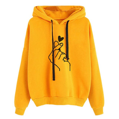 Fashion Women Hoodie Sweatshirts Heart Finger Pattern Drawstring Long Sleeve Ribbed Cuffs Casual Thin Pullover Lady Hooded Tops