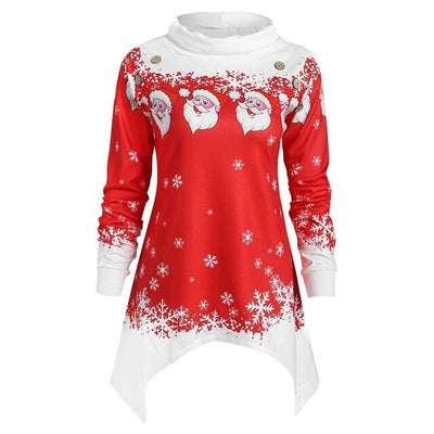 Women Christmas Snowflake Print Cowl Neck Asymmetric Santa Claus Xmas Tunic Tops womens Christmas T Shirt camiseta mujer