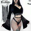 InsGoth Sexy Women Crop Top Flare Long Sleeve Lace Hollow Out Black T-shirt Gothic Retro Bodycon Female V-neck Tops Elegant Top