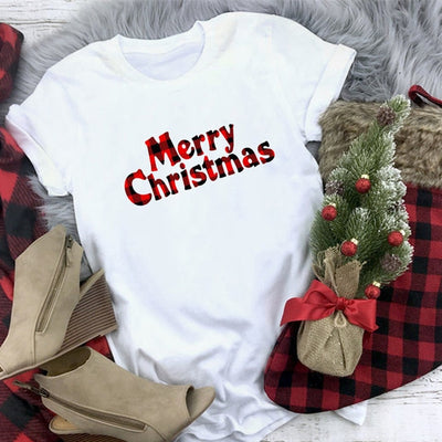 Plaid Merry Christmas T Shirt Women Fashion Graphic Cute Tee Kawaii TShirt Hipster Camiseta Mujer