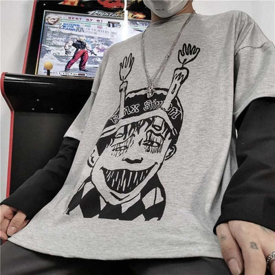 NiceMix Harajuku T-shirt Women Fake 2 Pieces Print Japanese Fujiang Horror Comics Long Sleeve Shirt Women Vetement Femme 2019