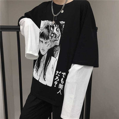 NiceMix Harajuku T-shirt Women Fake 2 Pieces Print Japanese Fujiang Horror Comics Long Sleeve Shirt Women Vetement Femme 2019