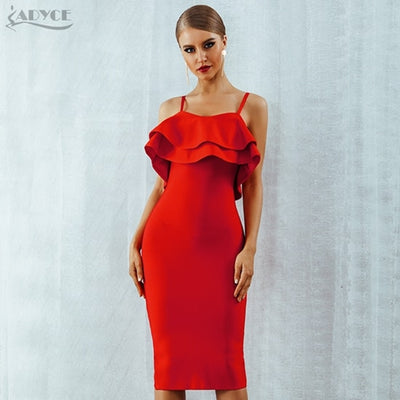 Adyce Women Bodycon Summer Red Bandage Dress 2019 Spaghetti Strap Strapless Ruffles Midi Celebrity Evening Party Dress Vestidos