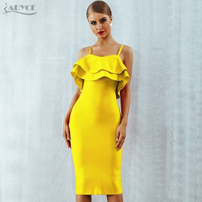 Adyce Women Bodycon Summer Red Bandage Dress 2019 Spaghetti Strap Strapless Ruffles Midi Celebrity Evening Party Dress Vestidos