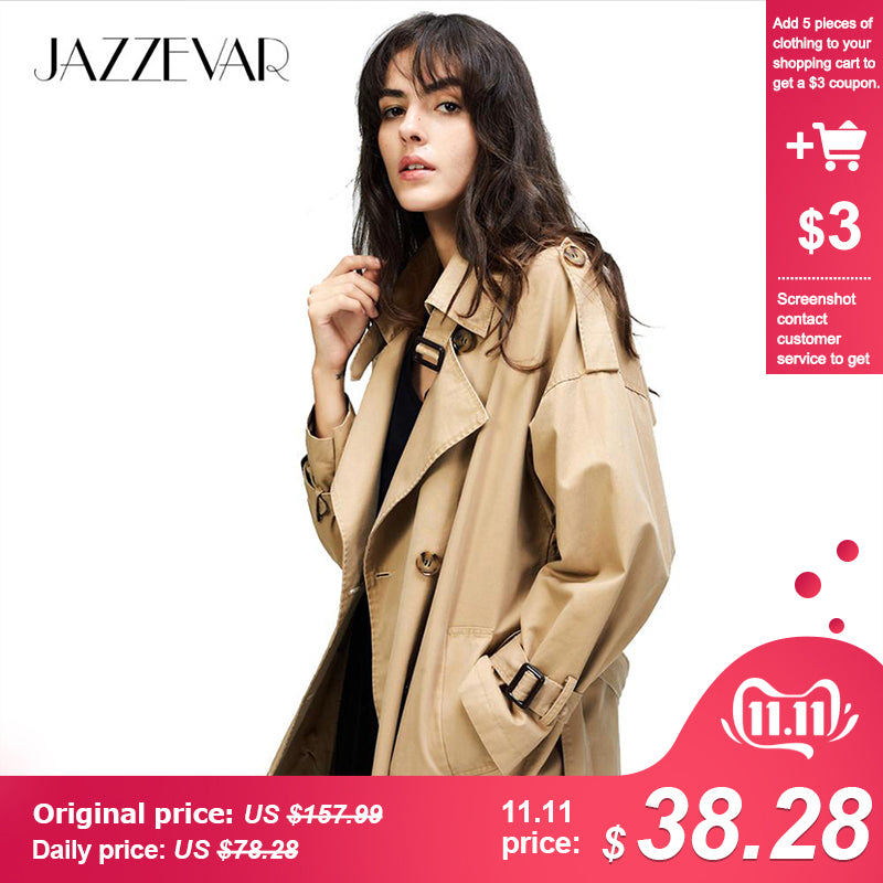 JAZZEVAR 2019 Autumn New Women's Casual trench coat oversize Double Breasted Vintage Washed Outwear Loose Clothing