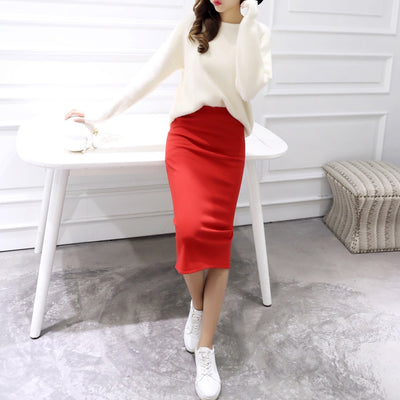 Women Solid Elegant Sexy Split Slim Skirts Hight Waist Kintting Cotton Ladies Summer Skirts Mid-Calf Bodycon Pencil Skirt Saia