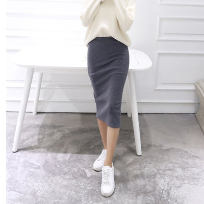 Women Solid Elegant Sexy Split Slim Skirts Hight Waist Kintting Cotton Ladies Summer Skirts Mid-Calf Bodycon Pencil Skirt Saia