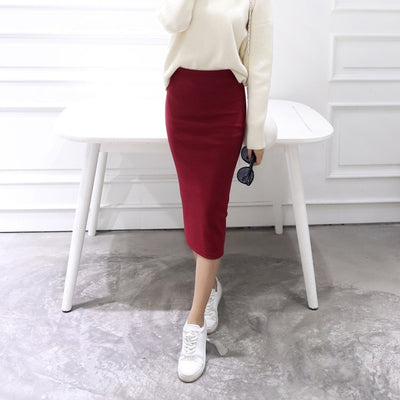 Women Solid Elegant Sexy Split Slim Skirts Hight Waist Kintting Cotton Ladies Summer Skirts Mid-Calf Bodycon Pencil Skirt Saia