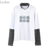 Lychee Spring Autumn Women T Shirt Character Letter Print Stripe Patchwork Casual Loose Long Sleeve T Shirt Tee Top