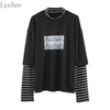 Lychee Spring Autumn Women T Shirt Character Letter Print Stripe Patchwork Casual Loose Long Sleeve T Shirt Tee Top