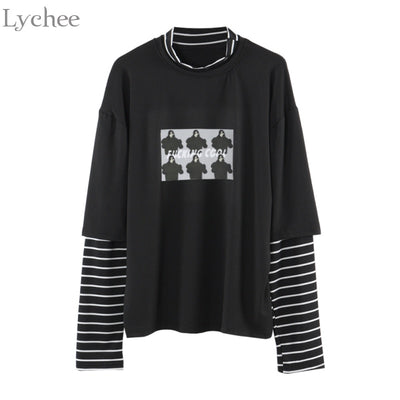 Lychee Spring Autumn Women T Shirt Character Letter Print Stripe Patchwork Casual Loose Long Sleeve T Shirt Tee Top