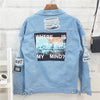 Danjeaner Where is My Mind? Korea Retro Washing Frayed Embroidery Letter Patch Bomber Jacket Blue Ripped Distressed Denim Coats